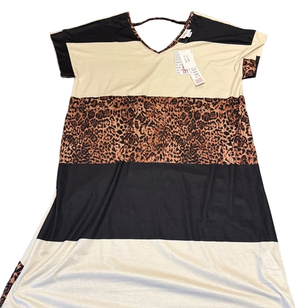 LuLaRoe Macy V-Veck Cream and Black Maxi Dress with Leopard Accents NWT Size M - Picture 3 of 7